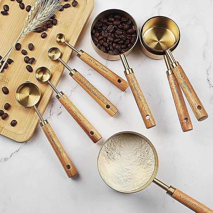 GuDoQi 8Pcs Gold Measuring Cups and Spoons Set, Wooden Handle, Premium Stainless Steel with Metric & US Measurements, Nesting for Dry/Liquid Kitchen/Food/Baking