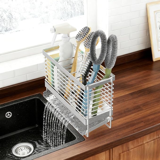 Utensil Holder, Upgrade Stainless Steel Utensil Drying Rack with Automatic Drain Tray for Kitchen Counter, Silverware Cutlery Organizer for Spoons, Forks, Knifes, Chopsticks (Silver)