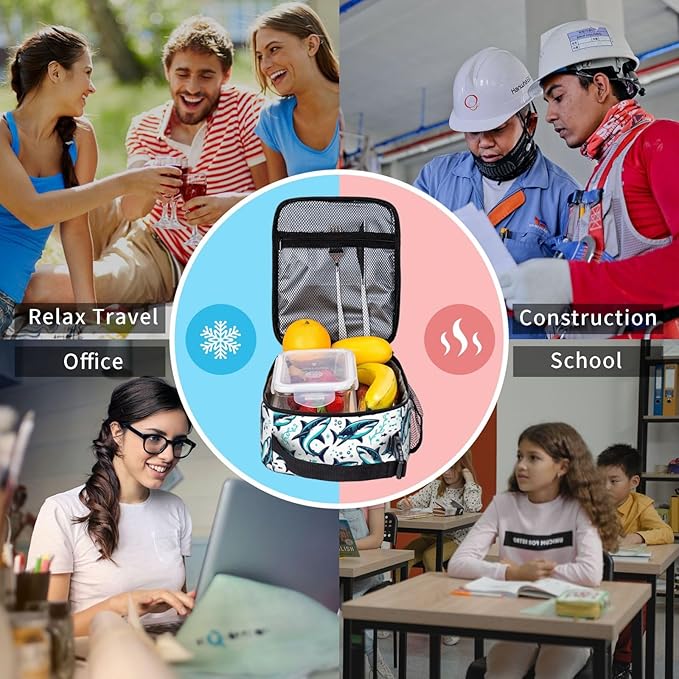 shark lunch box Reusable Insulated Lunch bag with Side Pocket, Leakproof Portable Thermal Meal Organizer for Adults, Men Women for Office, Camping & Outdoor