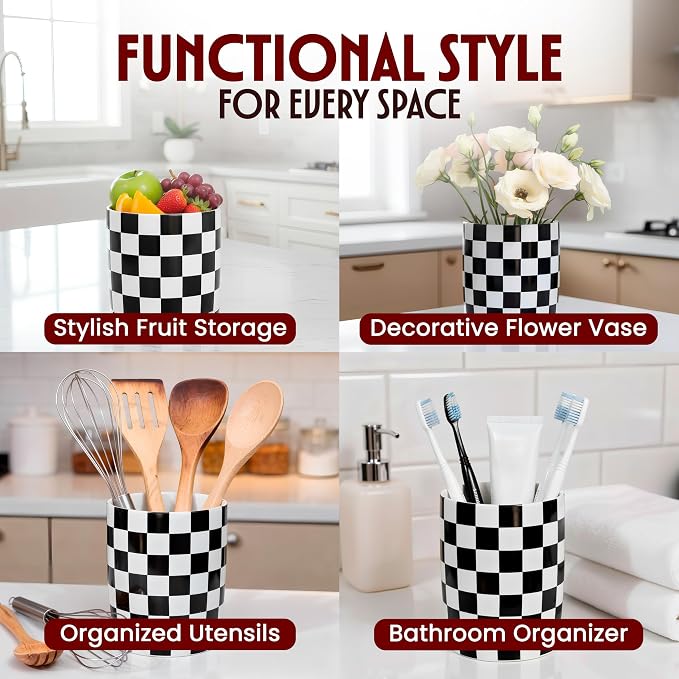 Checkered Utensil Holder for Kitchen Counter – Ceramic Utensil Holder for Checkered Kitchen Decor - Black and White Utensil Holder with Drainage Holes & Cork Base - Spatula Holder for Counter 7x6"