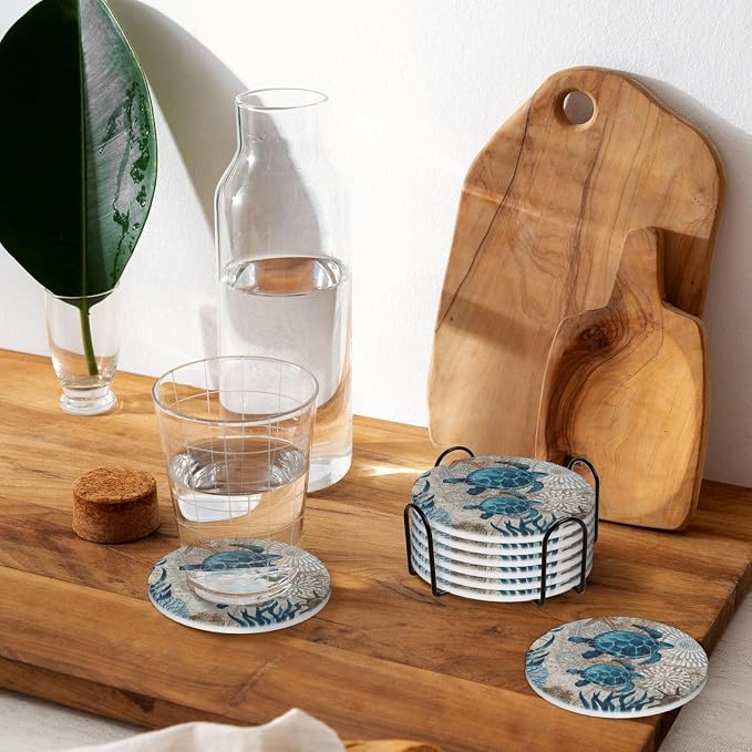 Nautical Coastal Green/Blue Turtle 6 Pcs Ceramic Coaster Set with Holder/Cork Ocean Beach Funny Man Boy Teen Animal Absorbent Round Cup Drink Coasters Set for Modern Coffee Table Bar Wine Beer Protect