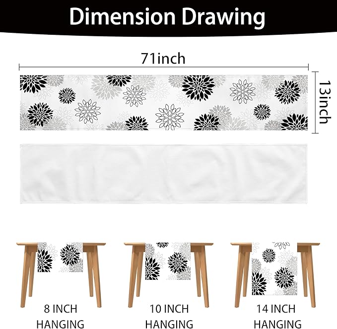 Dahlia Flower Table Runner 13x71 Inch Farmhouse Black Gray Runners Modern Table Decorations Rustic Geometric Coffee Table Runner for Home Kitchen Dining Room Party (13"x71", Dahlia Floral-Black)