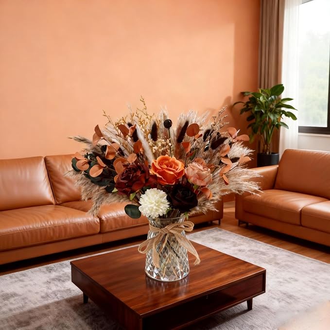 Vase with Artificial Flower Arrangemets Centerpieces for Dining Table Decorations,Faux Dried Pampas Grass Floral Decor, Fake Flowers in Vase for Home,Kitchen,Rustic Decoration(Orange)
