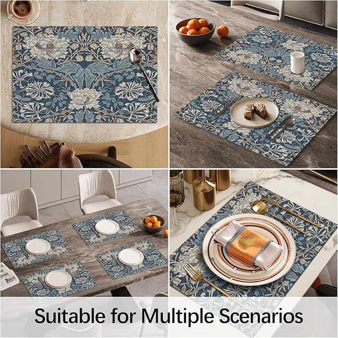 Vintage Moody Floral Placemats Set of 4 William Morris Washable Heat Resistant Place Mats for Dining Table Boho Rustic Botanical Linen Woven Wipeable Table Mats Kitchen Decor 11.8"X17.7"