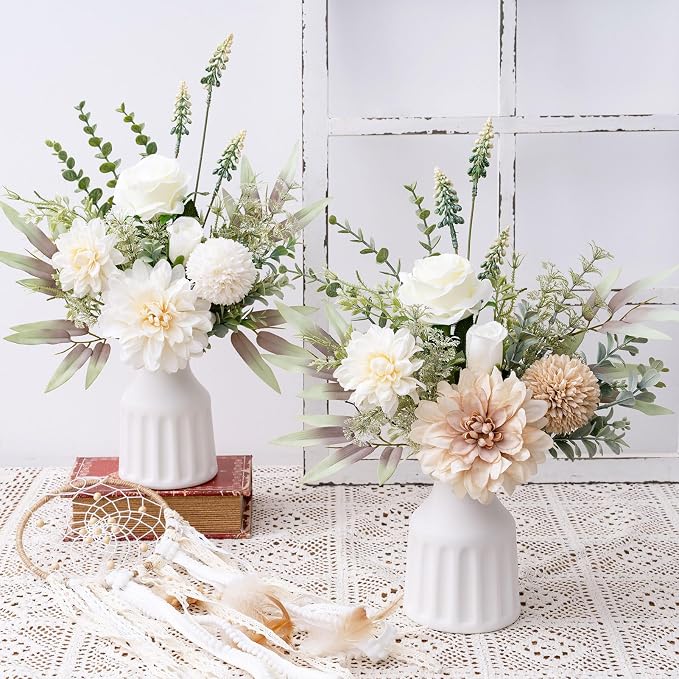 Fake Flowers in Vase, Artificial Flowers with Vase, 15.7'' Floral Arrangements for Dining Table Centerpiece Decor, Silk Roses & Faux Dahlia Bouquet for Farmfouse Kitchen Coffee Table Decor (White)