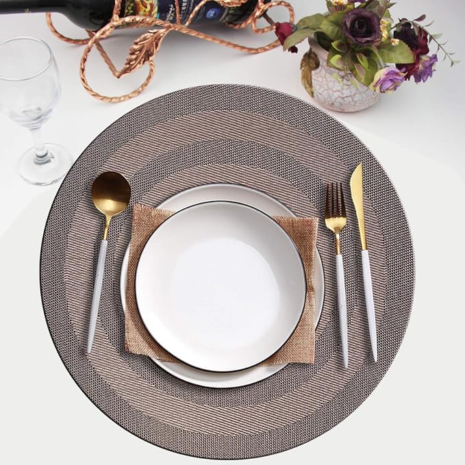 PIGCHCY Round Placemat Set of 6 Heat Resistant Vinyl Washable Kitchen 15 inch Placemats for Home Indoor Outdoor Party (Coffee Brown)