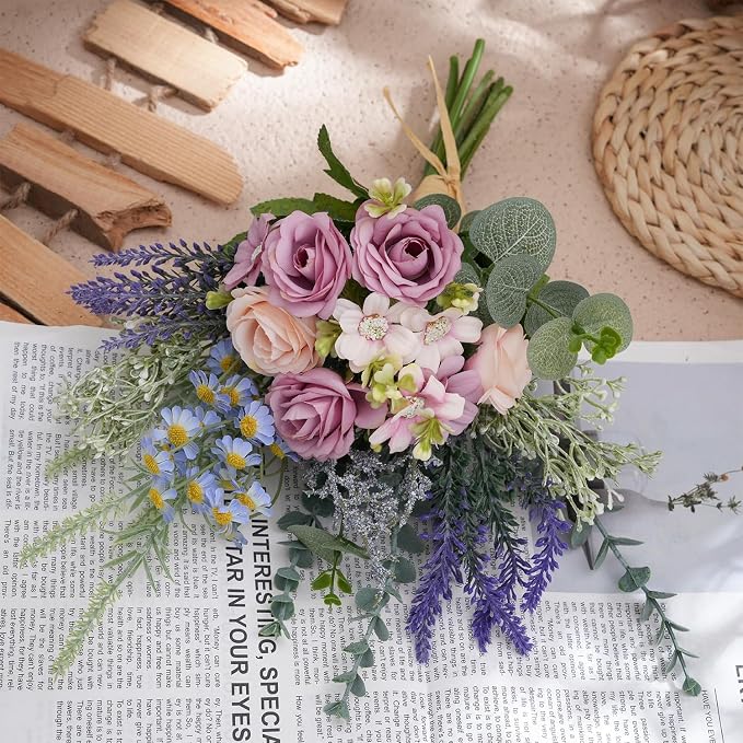 15 Inch Artificial Silk Flowers Bouquet with Roses, Eucalyptus, Baby's Breath, Daisies, Lavender, Sage & Chamomile - Realistic Faux Floral Arrangement for Home Decor Centerpiece
