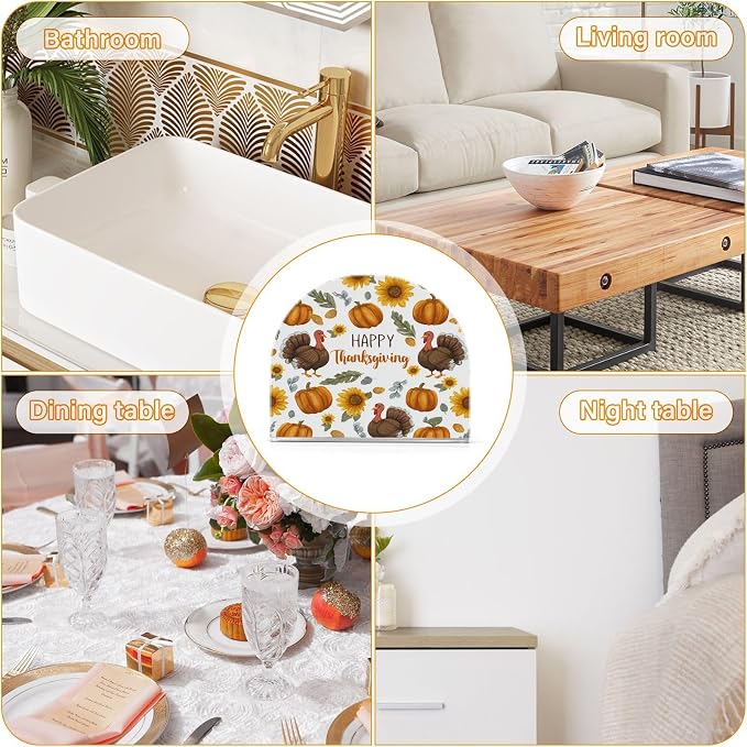 Napkin Holder Acrylic Napkin Holder for Table Kitchen Party Restaurant U Shaped Upright Napkin Dispenser Organizer Thanksgiving Turkeys Sunflowers White