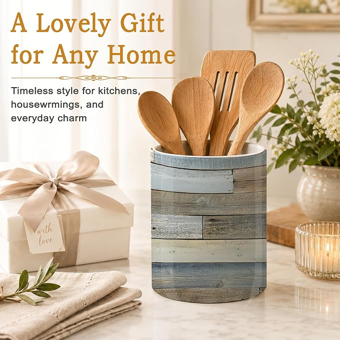 Rustic Wood Grain Kitchen Utensil Holder,Vintage Barn Wooden Ceramic Utensil Crock for Countertop,Cooking Tools Storage jar for Spatulas and Spoons,Housewarming Gifts 6.3"