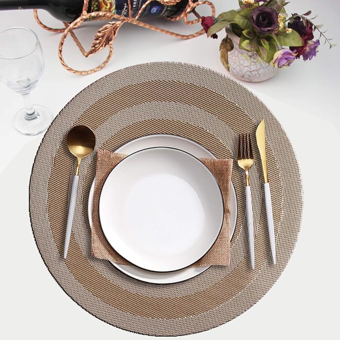 PIGCHCY Round Placemat Set of 6 Heat Resistant Vinyl Washable Kitchen 15 inch Placemats for Home Indoor Outdoor Party (Champagne)