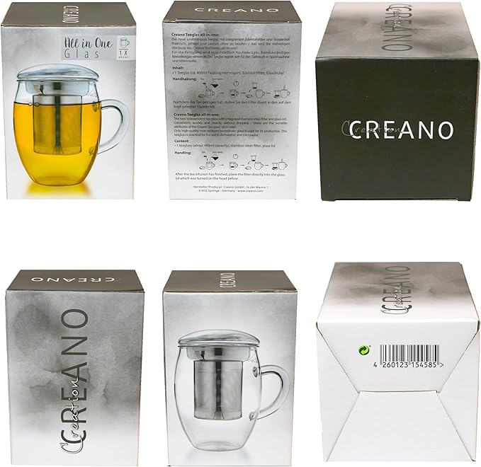 Creano 2pcs All-In-One Tea Glass with Stainless Steel Infuser and Lid - 14oz (400ml)