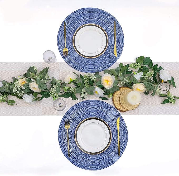 SHACOS Round Braided Placemats 15 inch Set of 4 Washable Cotton Polyester Braided Kitchen Table Placemats for Home Wedding Party (Blue White, 4)