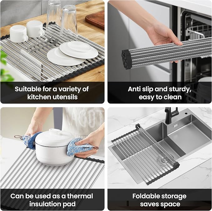 Dish Drying Rack with Roll Up and Over Sink for Kitchen 17"X15.7" (Black)