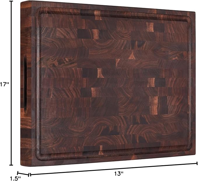 AZRHOM Large End Grain Walnut Wood Cutting Board 17x13x1.5 in Thick Butcher Block for Kitchen with Non-slip Mats Juice Groove & Handles (Gift Box)