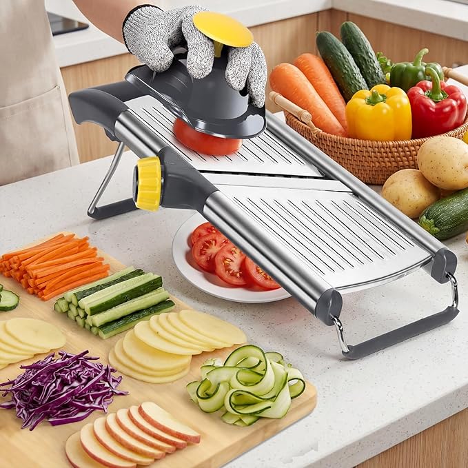 Masthome Adjustable Mandoline Food Slicer, Mandoline Slicer for Kitchen, Stainless Steel Mandolin, Fruit and Vegetable Cutter with Cut-Resistant Gloves and Cleaning Brush-Yellow