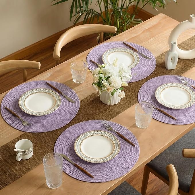 FunWheat Round Braided Placemats Set of 4 Place mats for Dining Tables Woven Heat Resistant Table Mats 15 inch (Light Purple,4pcs)