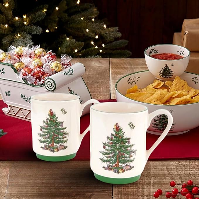 Spode Christmas Tree Stackable Coffee Mug Set of 2 – Festive 12oz Tea Cups for Hot Cocoa, Coffee & Milk, Dishwasher Safe Holiday Drinkware, Christmas Tableware & Gift Idea
