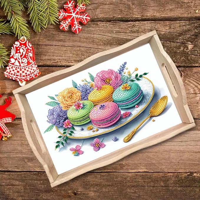 DIY Diamond Serving Tray Rectangular Wooden Breakfast Tray with Handle Handmade Diamond Art Painting Spring Creative Dinner Plate Coffee Room Living Home Organizer-Macarons