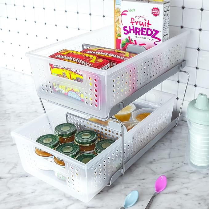 madesmart 2 Tier Organizer, Under Cabinet Storage with Pull Out Sliding Drawers, for Cleaning Supplies, Pantry, Undersink, Sponges, Bottles & Bath, Adjustable Dividers & Pull Out Baskets, Frost
