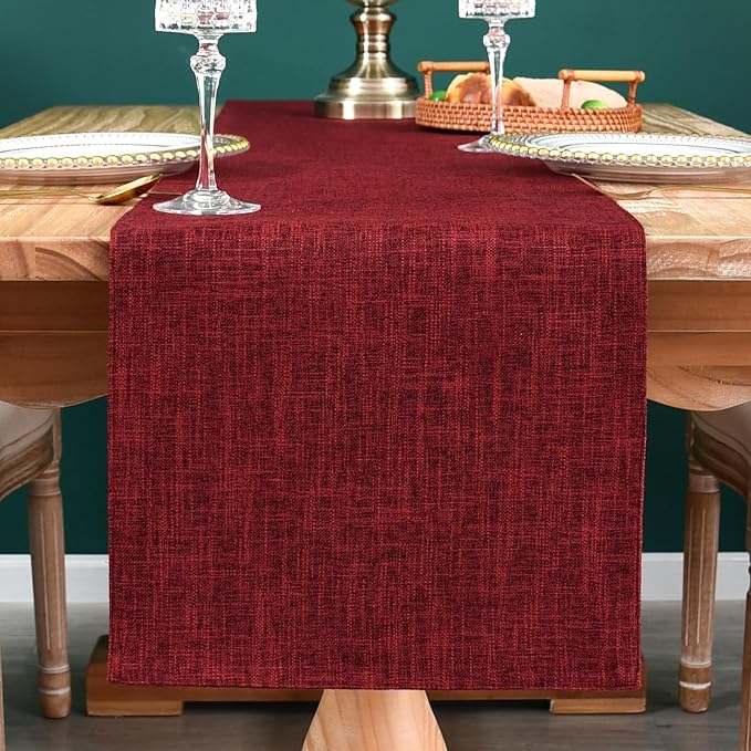 Farmhouse Rustic Faux Linen Table Runner Neutral Burgundy Table Runners Double Layer Reversible Rectangle Runners for Daily Use Kitchen Dining Banquet Holiday 13x72 Inch