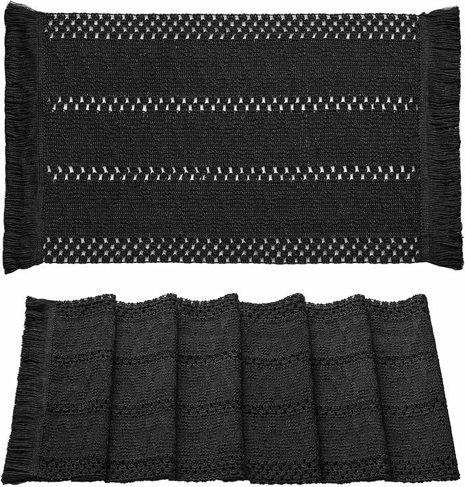 ZeeMart Macrame Style Boho Placemats Set of 6, Black 12x20 Inch | Decorative Farmhouse Table Mats, Natural Cotton Woven Place Mats, Bohemian Home Decor for Kitchen Dining Table