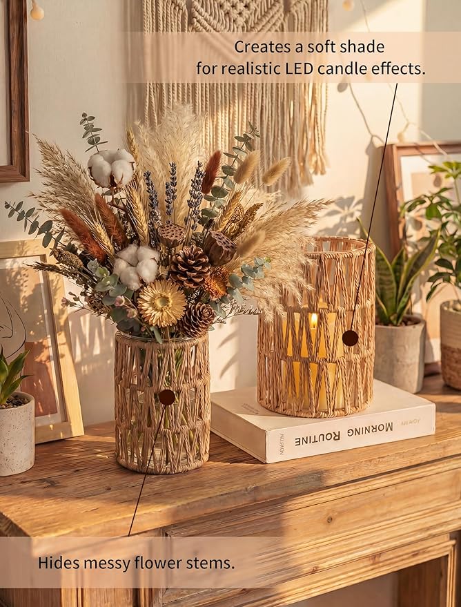 NUPTIO Rattan Boho Hurricane Lanterns: Set of 2 Pillar Candle Holders with Glass Cylinders- Farmhouse Vases for Home Coffee Table Centerpieces Decor