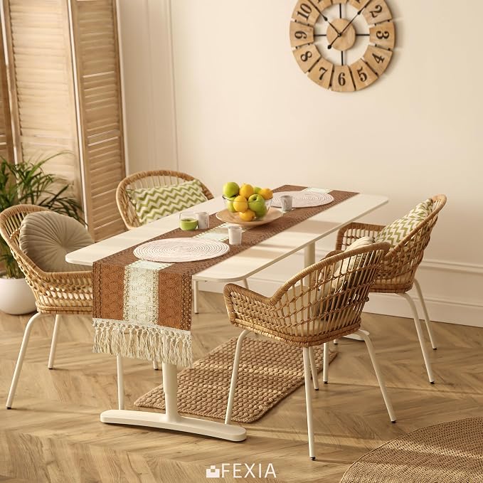 FEXIA Boho Table Runner for Home Decor with Tassels 72 Inches Long Farmhouse Rustic Caramel Table Runner Macrame Burlap Table Decoration for Living Room Bridal Shower (12x72 Inches)