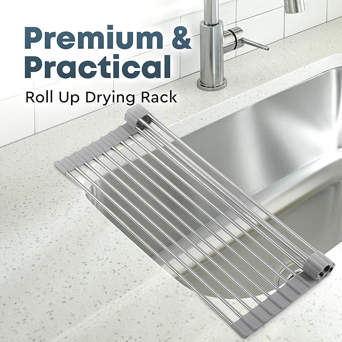 Zulay Kitchen Over The Sink Dish Drying Rack, Roll Up Heavy Duty Stainless Steel Design for Easy Storage & Durability | Dishwasher Safe 17.5” x 12.5
