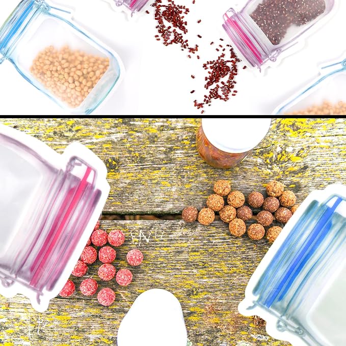 81 Pcs Reusable Mason Jar Food Storage Plastic Bags - Multi-Size Fresh Leak Proof Sandwich Snack Zipper Bags With Chalkboard Label Sticker and Silicone Funnel for Kitchen, Camping, Travel, Office