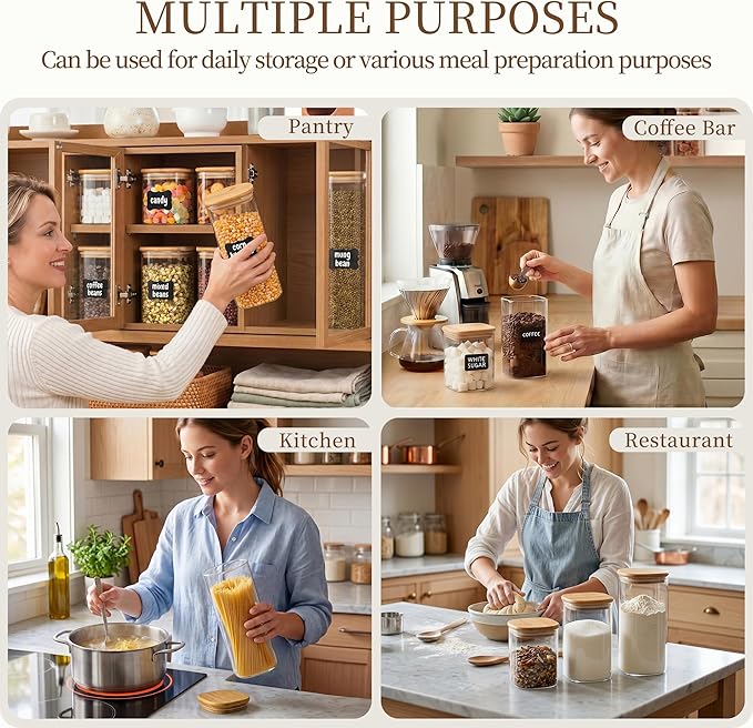 SENTVEND 37 Oz Glass Storage Jars with Bamboo Lids - 6 Pack Clear Glass Canisters Square Airtight Stackable Ideal for Pantry Storage Containers Organizers Great for Storing Oats Coffee Beans Nuts etc