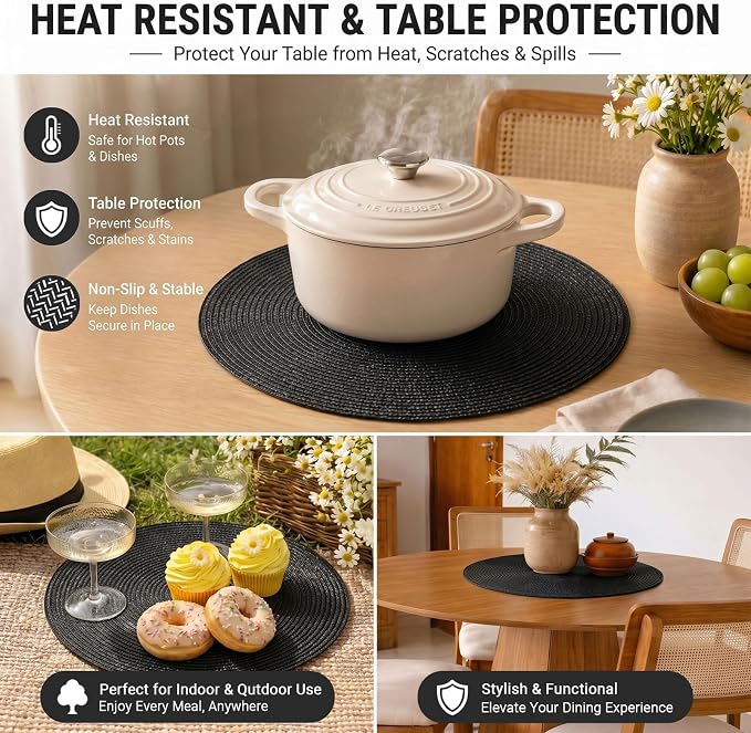 FunWheat Round Braided Placemats Set of 6 Place Mats for Dining Table Woven Washable Non-Slip Table Mats 15 Inch (Black, 6pcs)