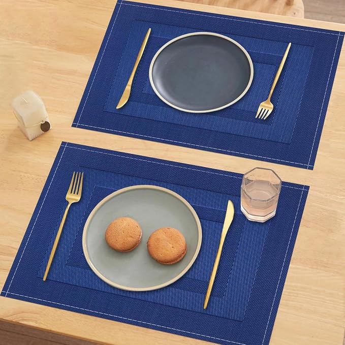 Niviy Navy Blue Placemats Set of 4, 12x18 Inch Washable Easy to Clean Heat-Resistant Anti-Skid Grey Placemats for Holiday Party Kitchen Dining Room Decoration