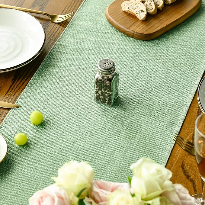 Artoid Mode Sage Green Tassel Table Runner, Spring Linen Blend Rustic Farmhouse Style Kitchen Table Decoration Holiday Wedding Party Dinning Decor 13x48 Inch