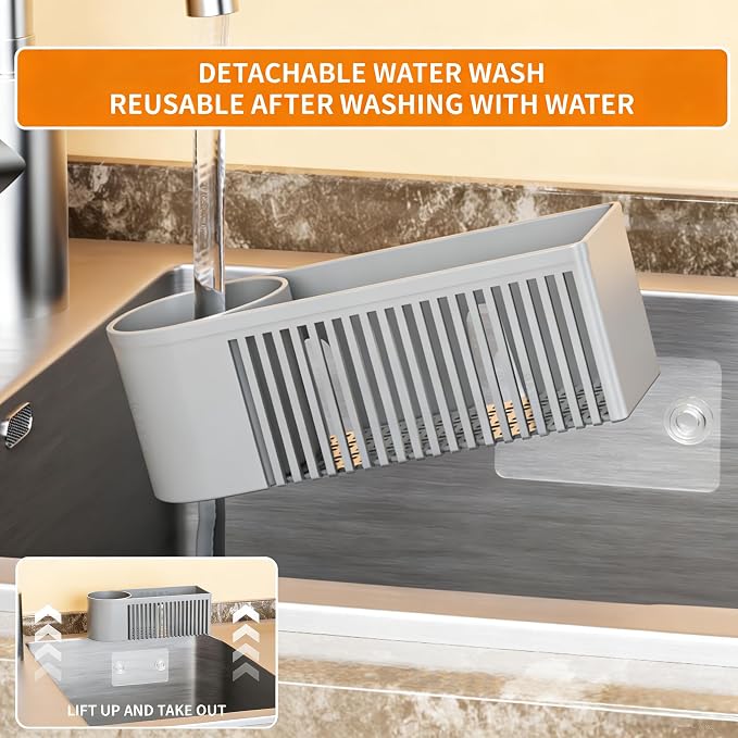 SuoXing Inside Sink Sponge Holder,Grey Rustproof Sink Caddy and Scrub Holder for Kitchen Sink with Suction Cup,Adhesive,Plastic Dish Sink Organizer for Scrub Brush,Scrubber,Dish Sponge,Spinge Holder