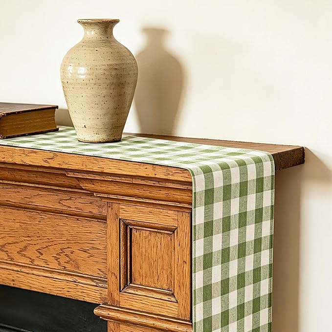 Alsoo Spring Green Gingham Table Runner 13 x 90 inches Long, Cotton Linen Farmhouse Checkered Kitchen Dining Table Decor for Home Party, Wrinkle Free