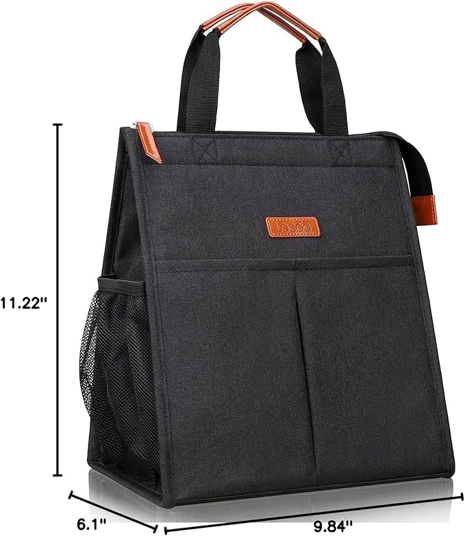 Lacdo Lunch Bag for Women Men Insulated Lunch Tote Bags Waterproof Reusable Lunch Box Soft Cooler with Pockets for Work Travel Picnic, Black