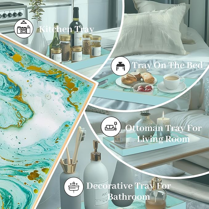 MAONAME Turquoise Serving Tray with Handles, Plastic Decorative Tray for Coffee Table, Marbling Rectangular Trays for Bathroom, Ottoman, Storage, 15.7" Lx 10.2" W X 1.57" H