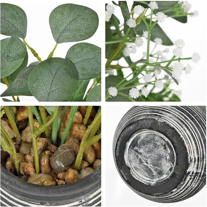 Briful Artificial Floral Arrangement Centerpiece with Eucalyptus & Mixed Greenery – 14.5” Pre-Arranged Faux Flowers in Textured Black & White Ceramic Vase for Table, Shelf & Entryway Décor