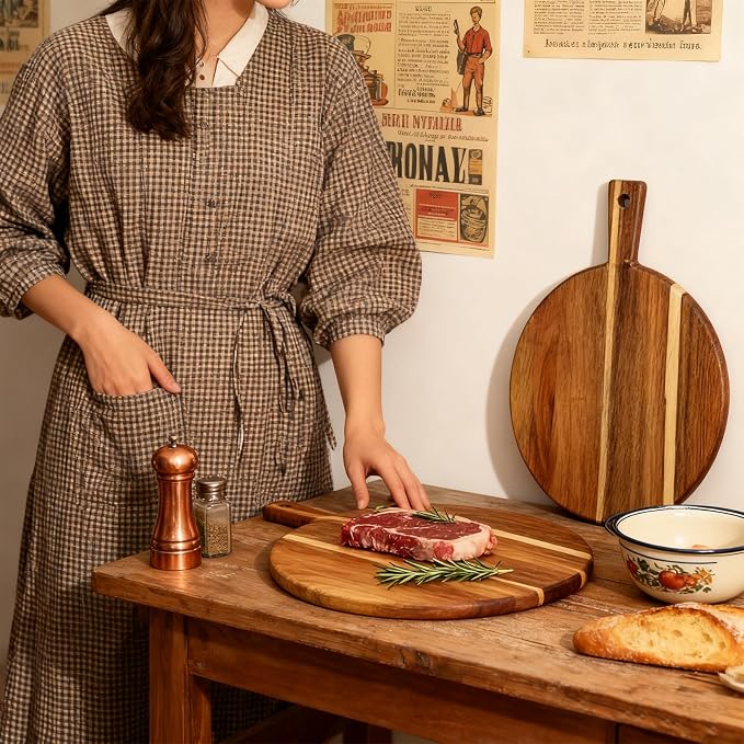 S310 Acacia Wood Round Cutting Board with Handle, Wooden Chopping Board for Meat, Cheese, Bread & Vegetables, Decorative Charcuterie Serving Board for Kitchen Cooking, Pizza & Party Dining, 17"x13"