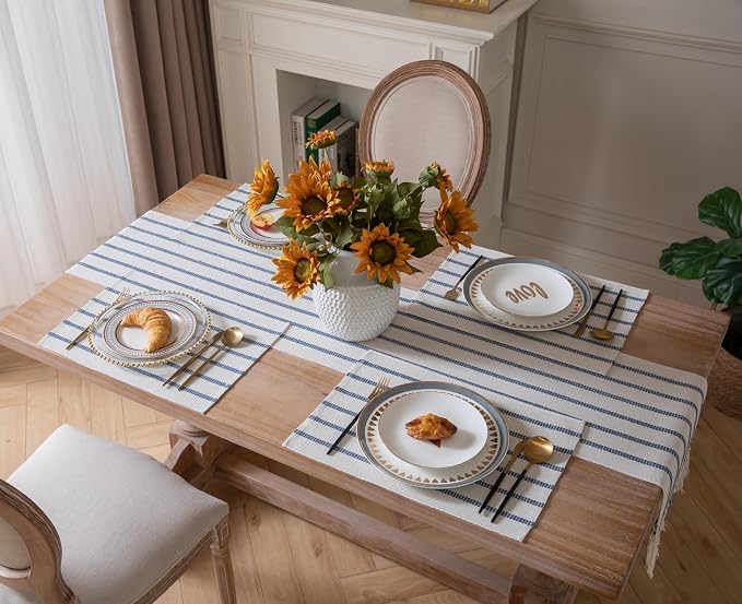 Caflife Boho Farmhouse Placemats Set of 4, Blue Stripes Cotton Linen Woven Table Mats for Modern Dining Table, 13x19 Inch Rustic Kitchen Decor Place Mats