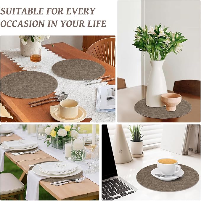 13" Round Placemats Set of 12, Reversible Faux Leather Heat Resistant Table Mats, 100% Waterproof Oilproof Wipeable Table Protective Placemats for Vinyl, Washable for Indoor (12, Dark Coffee)
