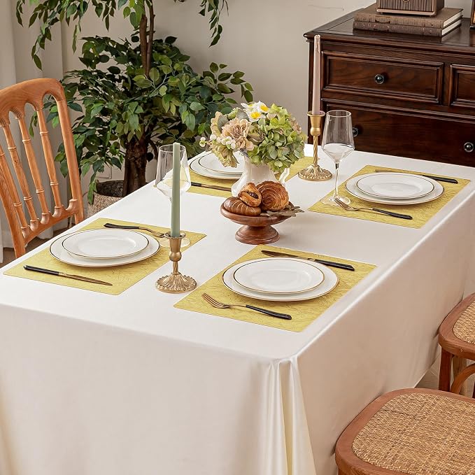 Romanstile Vinyl Placemats Set of 8-12 X 17 Inch - Heat Resistant Non-Slip Embossed Floral Place Mats 100% Waterproof Oilproof Wipeable Faux Leather Table Mats for Kitchen/Dining/Party, Yellow