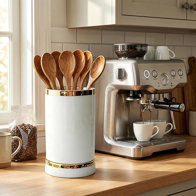 Utensil Drying Holder for Kitchen Countertop, 6in Ceramic Small Silverware Cutlery Set Crock Caddy, Self Draining Tea Coffee Spoon Fork Flatware Stirrers Jar for Stir Stick Straw