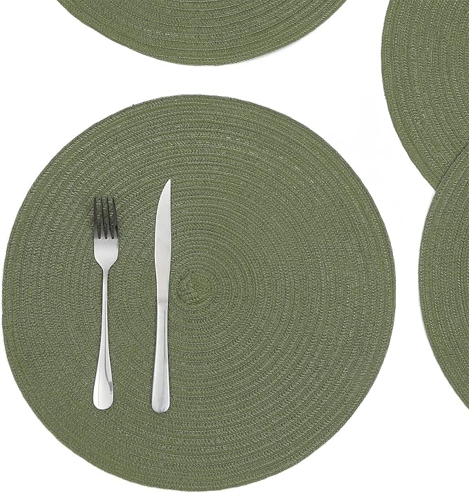 SHACOS Round Placemats Set of 8 Washable 15 inch Round Table Mats Cotton Polyester Woven Braided Place Mats for Dining Table Wedding Party Decor (Olive Green, 8)