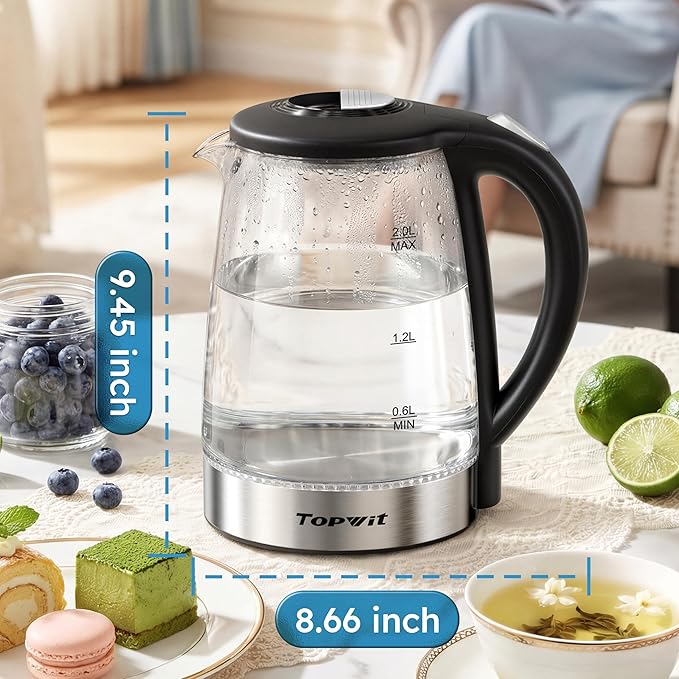 TOPWIT Electric Kettle Glass Hot Water Kettle, 2.0L Water Warmer, BPA-Free Stainless Steel Lid & Bottom, Tea Kettle with Fast Heating, Auto Shut-Off & Boil Dry Protection