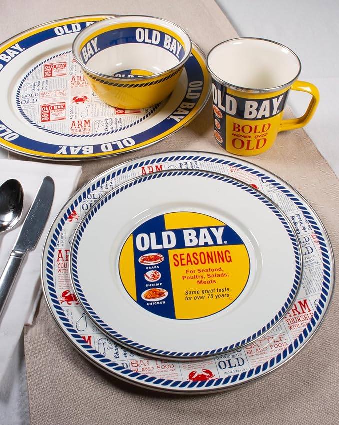 Golden Rabbit Enamelware Latte Coffee or Tea Mugs, 16 ounce, Old Bay, Set of 4