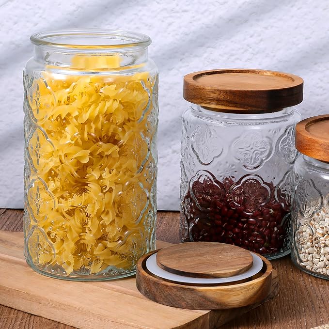 SHENLIU 3Pcs 17/24/34 oz Glass Jar with Airtight Lid, Vintage Food Storage Containers Set Food Jars Canisters for Kitchen Counter Pantry, Sugar, Flour, Candy, Tea, Coffee Beans, Oats, Grain Bin, Pasta