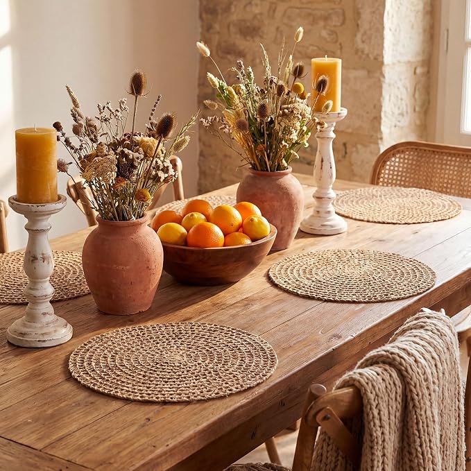 15 Inch Round Burlap Placemat Set of 6 Boho Jute Woven Charger Bulk Rustic Vintage Natural Brown Heat Resistant Dining Table Mat for Wedding Farmhouse Home Kitchen Summer Outdoor Decoration