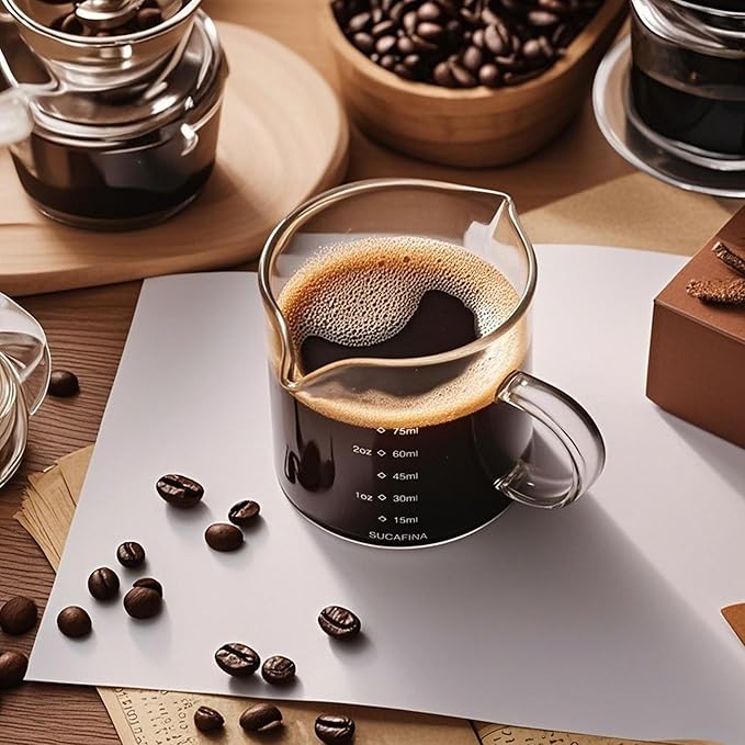 Espresso Cups Set of 2, 75ML Espresso Shot Glass with Handle Double Spout Cups Clear Glass Measuring Cup Coffee Accessories Great for Making Coffee Desserts Salad Dressing