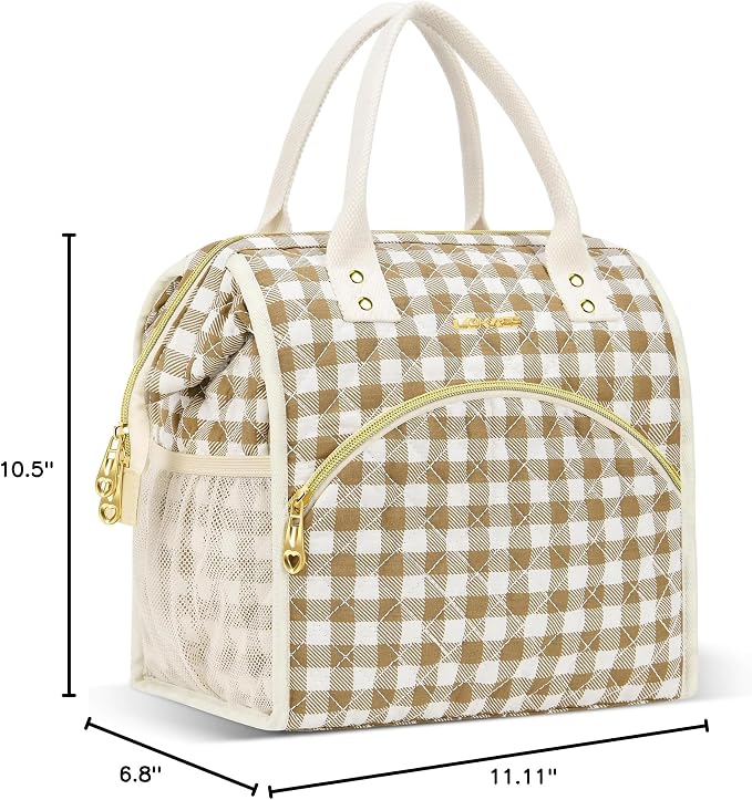 LOKASS Insulated Lunch Bag Women- Reusable 10 L Lunch Box for Women - Leakproof Tote Cooler Bag for Adults Work, Beach, Travel, Picnic (Brown&White Diamond Grid)
